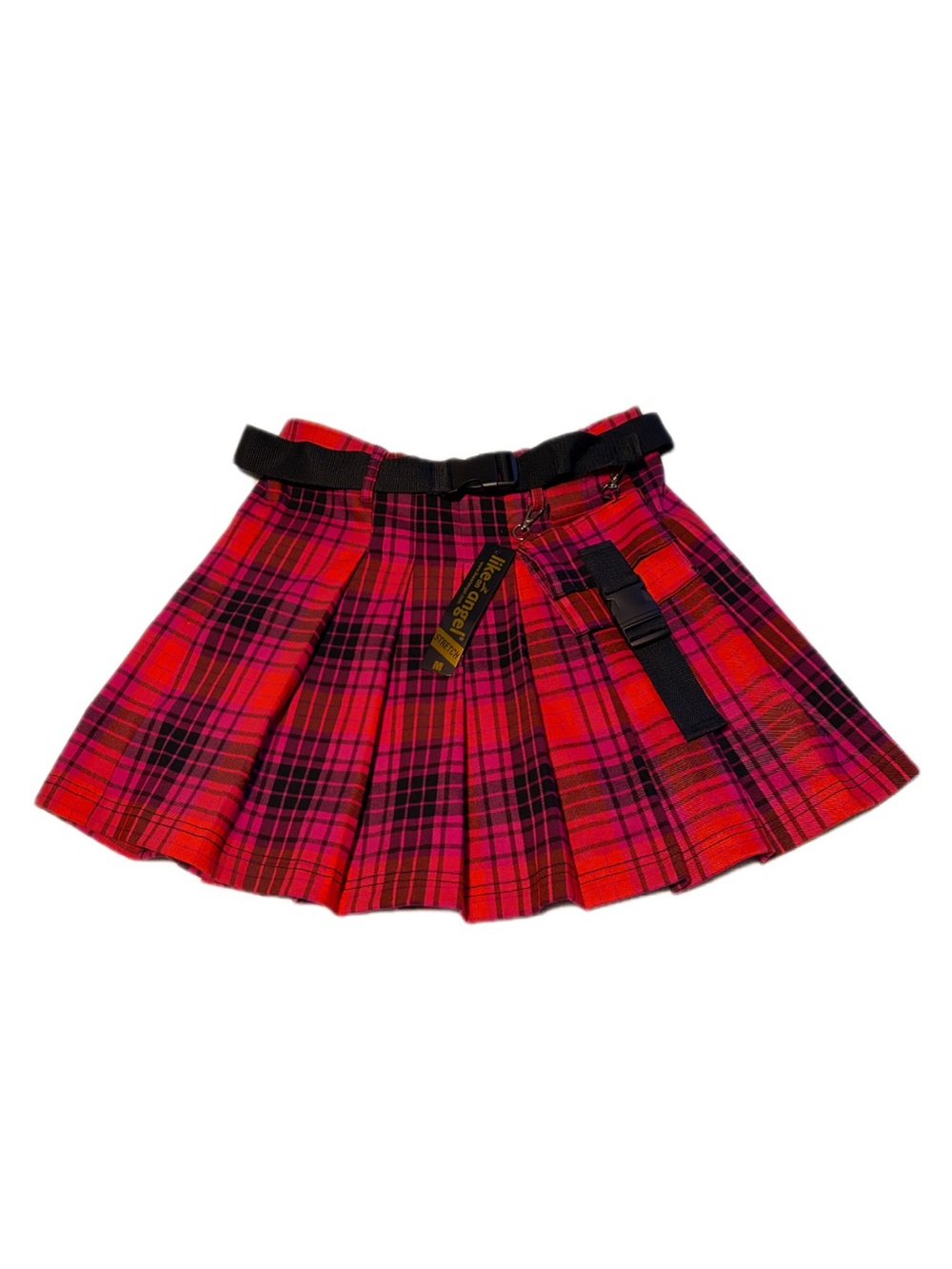 Red Plaid Pleated Mini Skirt with Buckle Belt - Y2K Goth Grunge Punk Style med